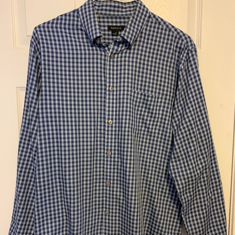 Men's Blue and White Button-Up Dress Shirt Checkered Pattern Long Sleeve